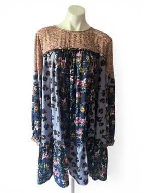 Oddy Boho Floral Patchwork Long Sleeve Dress in Navy & Dusty Rose Plus Size 3X